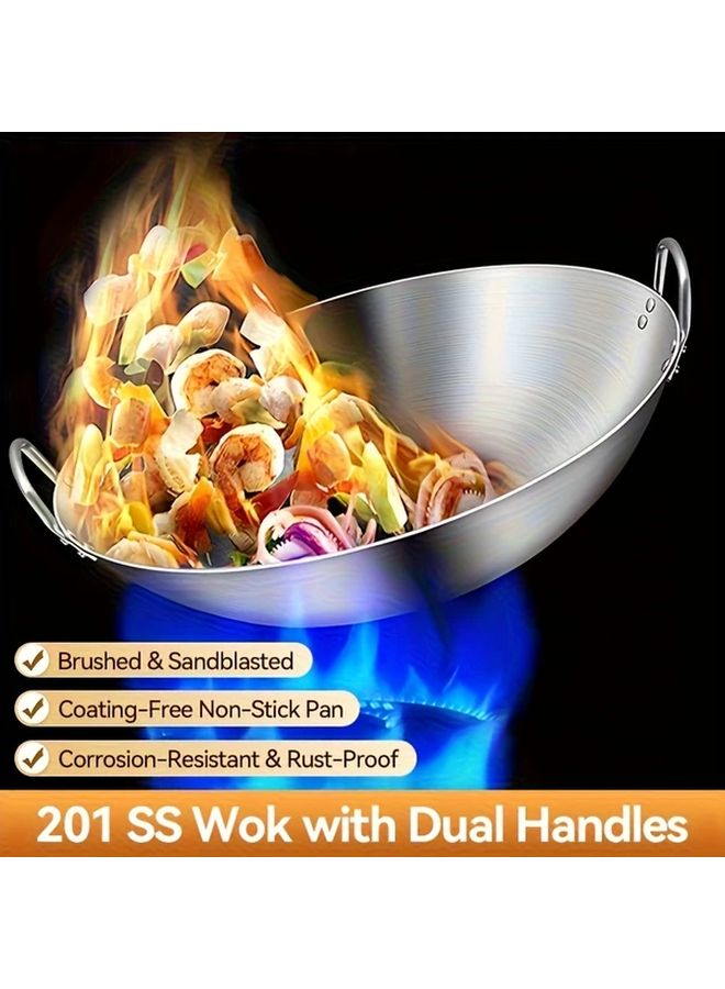 Thickened Stainless Steel Sandpaper Wok 12 6 Inch Frying Pan Dual Handle Even Heat Distribution - Image 1